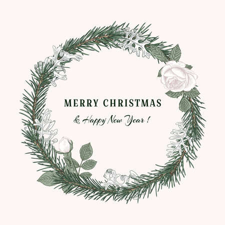 Christmas wreath.Christmas round background in vintage style. Greeting invitation card. Botanical illustration with roses, spruce branches, fir cones. Winter wedding invitation.のイラスト素材