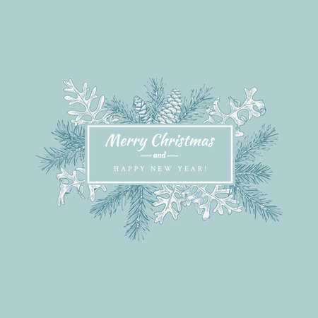 Merry Christmas abstract botanical card with rectangle banner frame. Blue background and white greeting.のイラスト素材