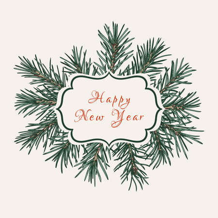 Botanical conifers card with patterned frame. Colorful.のイラスト素材