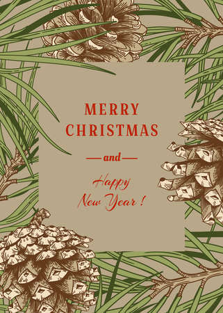 Christmas card with pine branches and cones. Frame with coniferous plants. Vector illustration. Beige background.のイラスト素材
