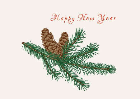 New year card with fir branch and cones. Ð¡hristmas illustration. Botanical vector. Colorful.のイラスト素材