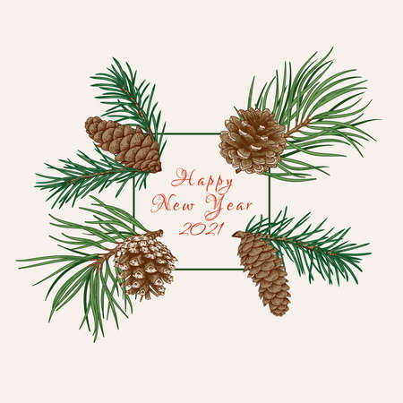 New year frame with fir and pine branches and cones. Vector holiday illustration. Ð¡olorful.のイラスト素材