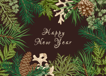 Christmas botanical frame. Vector illustration. Holiday card. Dark background.のイラスト素材