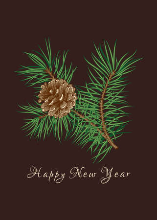 New year card with pine branch. Vector botanical illustration. Dark background and colorful pattern.のイラスト素材