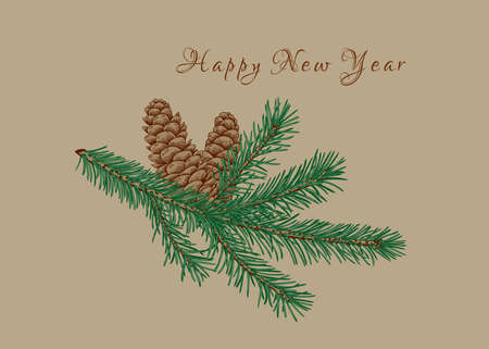 Botanical card with fir branch and cones. Vector illustration. Beige background and colorful pattern.のイラスト素材