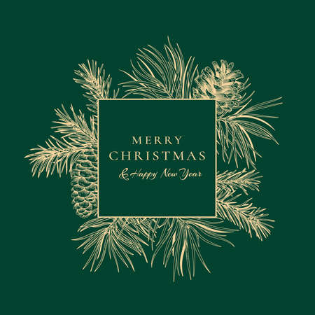 Christmas abstract card with square frame. Botanical illustration with conifers. Vector christmas card. Green background and golden greeting.のイラスト素材