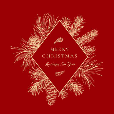 Ð¡hristmas red card with rhombus frame. Botanical illustration with coniferous.のイラスト素材