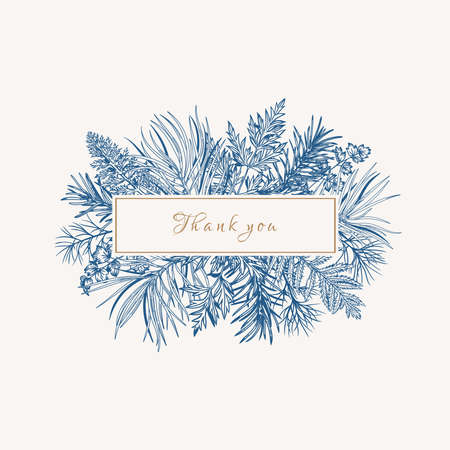 Botanical with fir and pine branches, fern and leaves. Vector illustration. Holiday card. Blue and gold.のイラスト素材