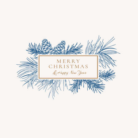 Christmas abstract card with rectangle frame. Botanical illustration with fir and pine branches and cones. Vector winter card. Blue background and golden greeting. Sketch Layout.のイラスト素材