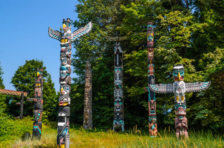 Native American Totem poles in Stanley Park, Vancouver.の写真素材