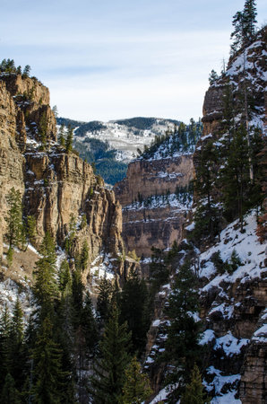 Snowy Steep cliffs of Glenwood Canyon, Colorado, USA.の写真素材