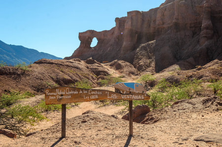 Las Ventanas - The Windows near Cafayate, Salta, Argentina. The sign says Quebrada de las Conchas Nature Reserve. Protected Area - Law 6808. The Windowsの写真素材