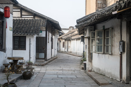 Street in Xinchang Ancient Town in Shanghai, China.の写真素材