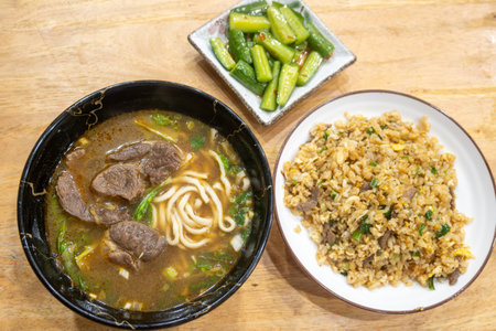 Taiwanese beef noodle soup, beef Fried Rice, and Cucumber Salad in Hualien, Taiwanの写真素材