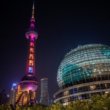 Oriental Pearl TV Tower lit up at night in Shanghai, China.
