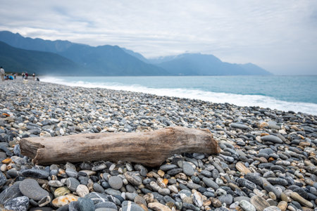 A piece of driftwood lies on a rocky shore, with ocean waves and mountains at Qixingtan Beach, Hualien, Taiwanの写真素材