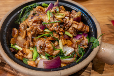 A clay pot dish filled with braised chicken, garlic, onions, green onions, and herbs, all seasoned with a savory sauce in Sanya, Hainan, Chinaの写真素材