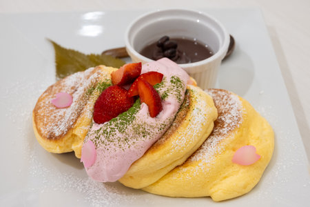 Three Japanese cherry blossom sakura fluffy souffle pancakes topped with strawberries, pink cream,...