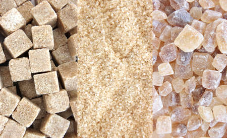 Cane sugar and sugar cubes - three types - collageの写真素材