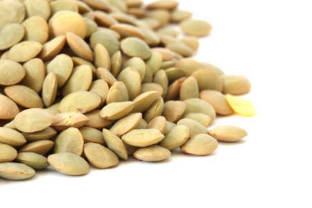 Lentil scattered on white background close up viewの写真素材