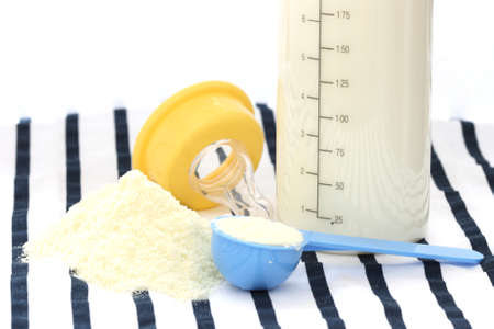 Detail view of suckling dried milk with feeder bottle and nippleの写真素材