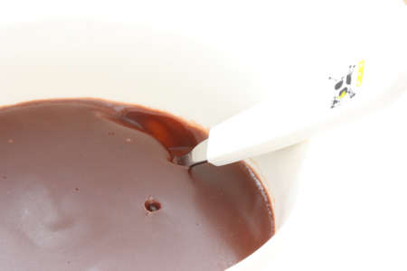 Chocolate pudding / custard / jelly in white bowl with spoonの写真素材