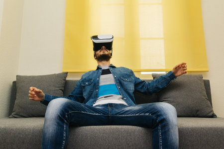 Young man with virtual reality headsetの写真素材
