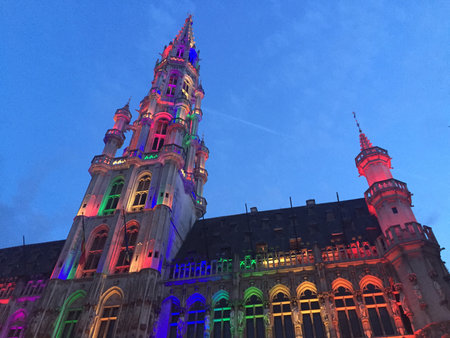 The City Hall of Brussels (in French: HÃ´tel de Ville) is a medieval building in the Brabantine Gothic style, located on the Grand Place, in the city of Brussels (Belgium).の写真素材