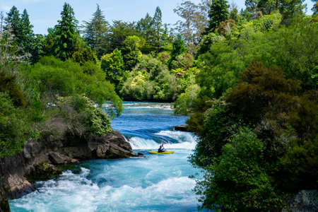 Scenic landscape view of turquoise water of Waikato river and Huka Falls,most popular natural...