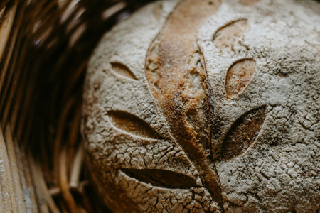 Traditional handmade, homemade sourdough bread in the basket, wooden background, blue teatowelの写真素材