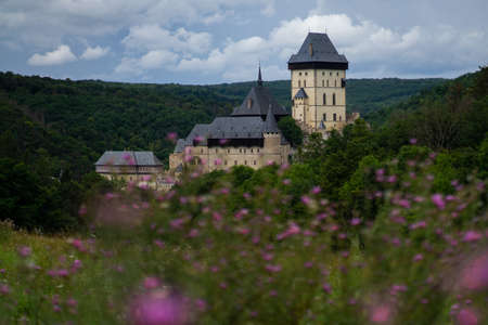 Karlstejn Castle, historical building of the Czech Republic in the summer blooming scenery. Popular tourist destination attraction near Prague.のeditorial素材