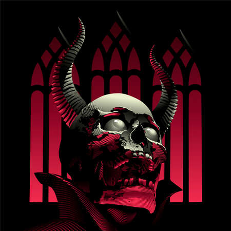 Devil skull vector image, Demon face on church background.