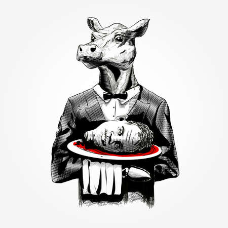 cowwaiter. funny image with a bit of black humor, where we see a waitress cow serving a human head, ideal to give to our vegetarian or vegan friends, or simply take it yourself.のイラスト素材