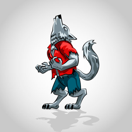 Howling cartoon werewolf with red shirt clip art. Vector illustration with simple gradients. All in a few layers.のイラスト素材