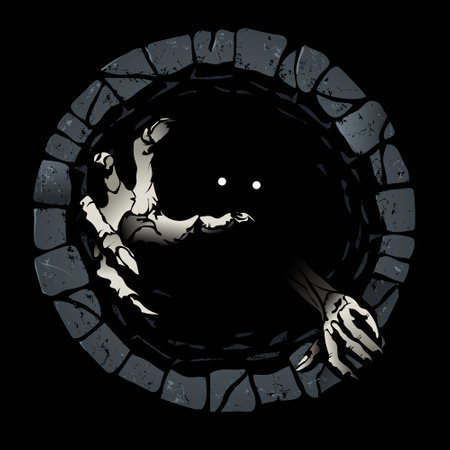 Zombie hand in a hole in the stone. Vector illustration. crawl zombies just further out of the wellのイラスト素材