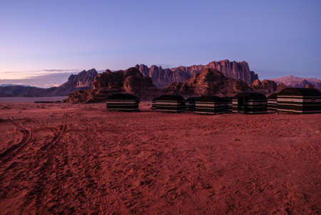 Wadi rum sunset on bedouin campsiteの写真素材