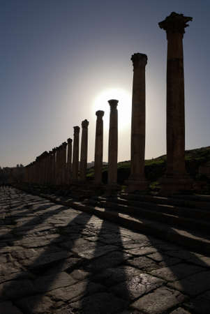 Jerash Roman Columns, sunshine, silhoutte and shadow
