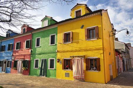 Beautiful view of colorful houses in Burano, Venice, Italyの写真素材