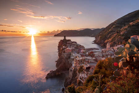 Beautiful sunset in Vernazza, Cinque Terre, Italyの写真素材