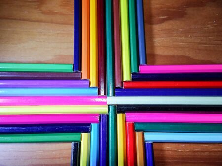 A lot of colored pencils waiting to be usedの写真素材