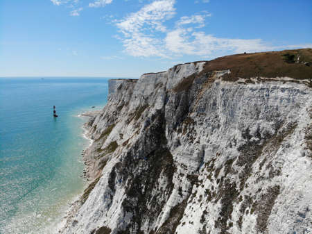 Aerial view to the white cliffs and Beachy Head in Eastbourne, East Sussex, England, United Kingdomの写真素材