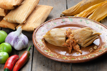 Tasty beef tamale on an artisan plate made of clayの写真素材
