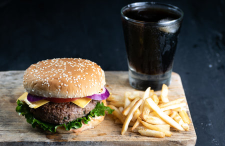 Hamburger meal served with french fries and soda. Fast foodの写真素材