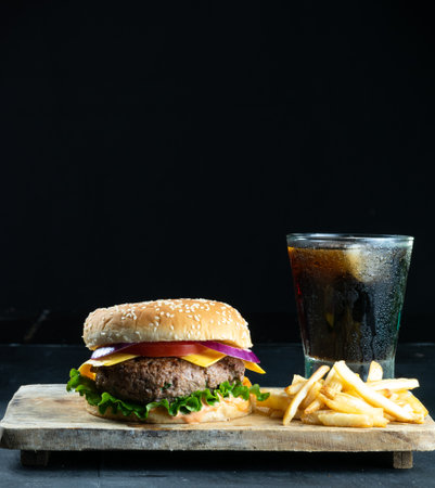 Hamburger meal served with french fries and soda. Fast foodの写真素材