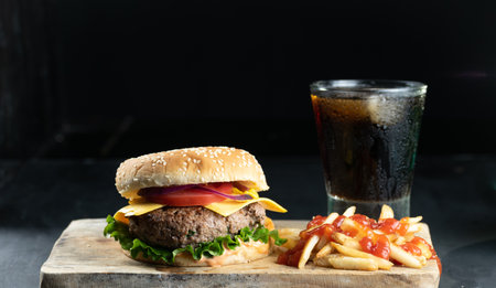 Hamburger meal served with french fries and soda. Fast foodの写真素材