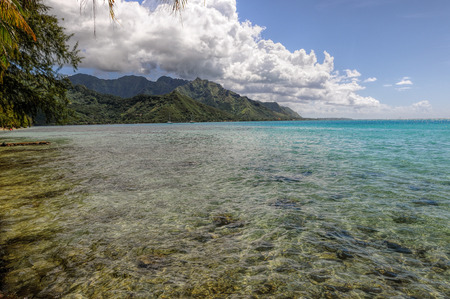Image of the island of Moorea with beautiful  green mountains and crystal clear waters of Pacific Ocean French Polynesiaの写真素材