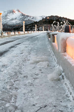 Icy ride on the mountain at sunriseの写真素材