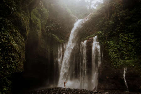 girl enjoys a spectacular waterfall in a forest in baliの写真素材