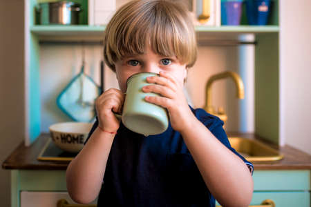 Little blond boys play with a toy kitchen at home during quarantine. Fun at home. family entertainmentの写真素材