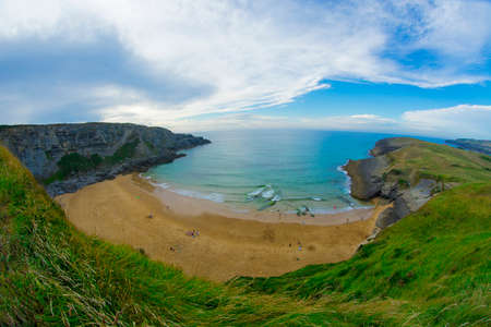 view of Antuerta Beach, Ajo village, Bareyo Municipality, Trasmiera Coast, Cantabrian Sea, Cantabria Autonomous Community, Spain, Europeの写真素材